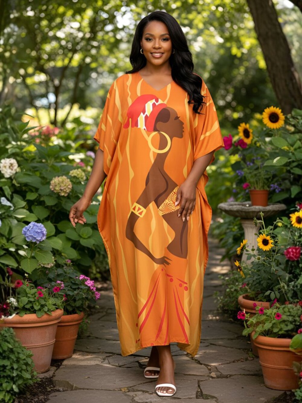 Lady Tribal Printed Orange Caftan Dress Plus Size Maxi Cover Up Dresses for Girl
